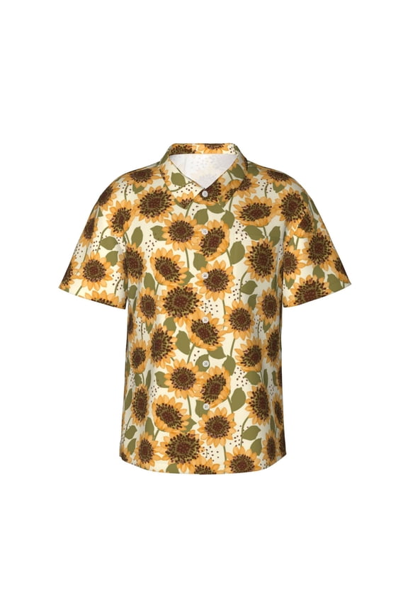 Autumn Sunflowers Print Mens Hawaiian Shirts,Loose-Fit Short Sleeve Button Down Tropical Aloha Beach Shirt,Summer Vacation Wedding Tops,Medium