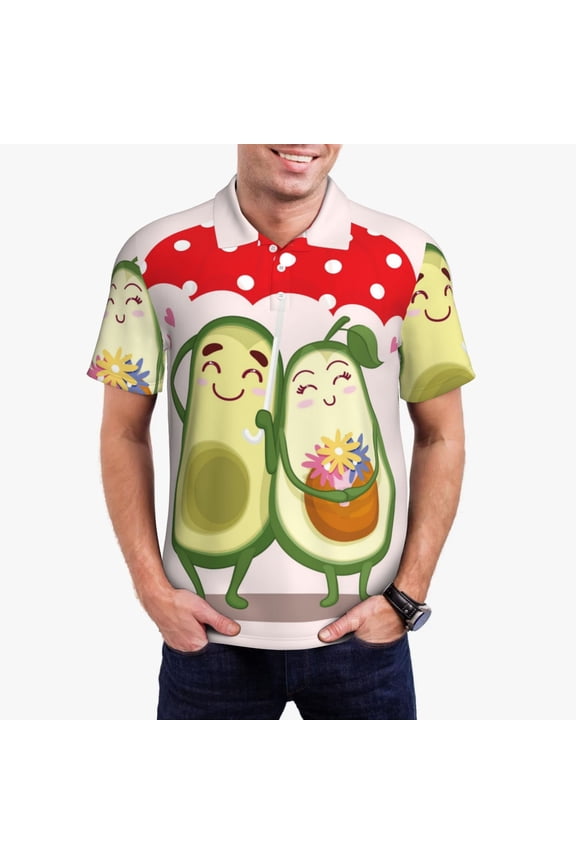 Avocado Lovers Wearing Umbrella Print Mens Polo Shirts,Mens Golf Polo Shirts,Short Sleeve Casual Polo Shirts for Men,Summer Fashion Beach Shirts-Large