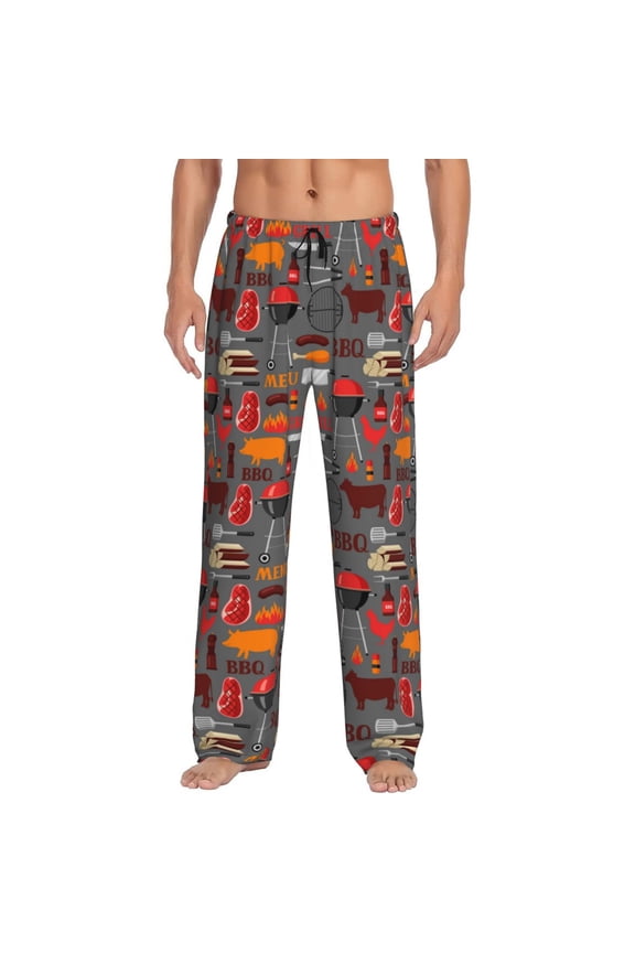 BBQ Icons Print Pajama Pants for Men,Men’s Pajama Bottoms,Mens PJ Pants with Pockets & Button Fly-X-Large