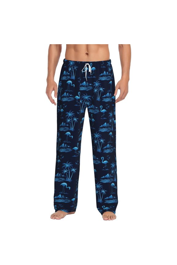 BLUE Flamingo Birds Print Pajama Pants for Men,Men’s Pajama Bottoms,Mens PJ Pants with Pockets & Button Fly-Medium