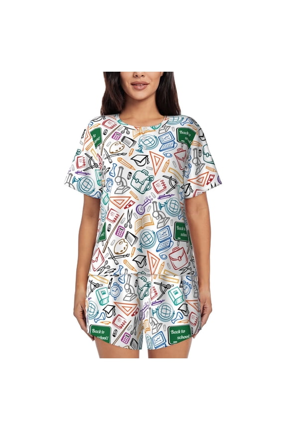 Back To School Print Womens Pajamas Set,Short-Sleeve Pajama 2 Piece Sleepwear with Pockets-Medium