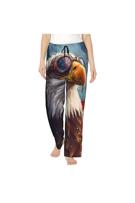 Bald Eagle Pilot Print Women Pajama Pants,Comfy Pj Bottom with Pockets & Drawstring,Stretch Casual Sleepwear-Small