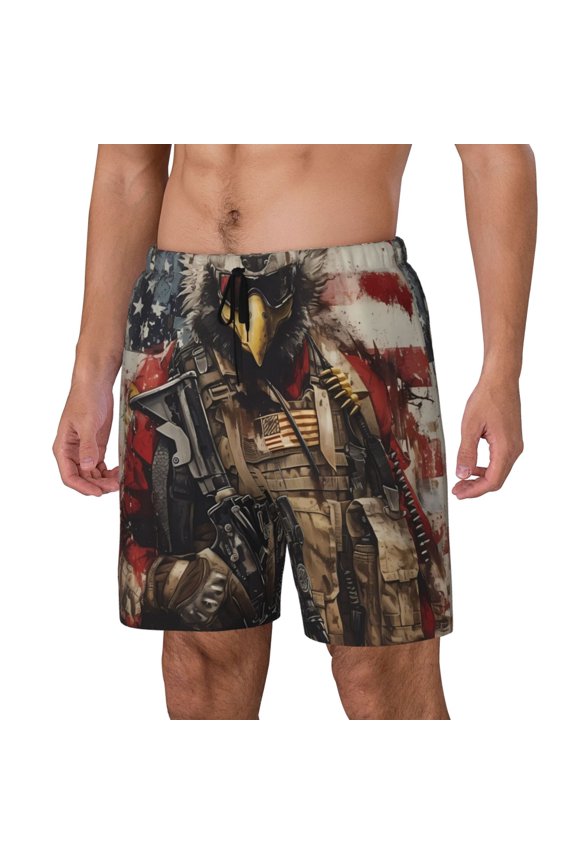 Bald Eagle Soldier Print Men's Swim Trunk,Quick Dry Board Shorts ,Men's Swim Trunks with Compression Liner, Bathing Suits with Pockets-Medium