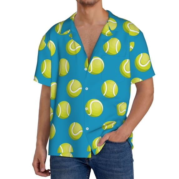 Logiee Ball Tennis Print Men's Button Down Shirts Short Sleeve, Summer Beach Shirts,Vacation Wedding Shirts,Men's Casual Button-Down Shirts with Pocket-XX-Large