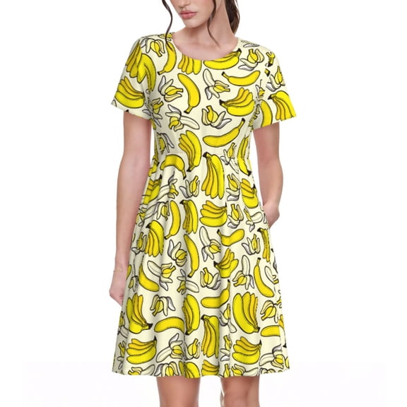 Logiee Banana Print Womens Summer Dress,Casual Short Sleeve Sundresses,Beach A-line Shift Dress with Pockets