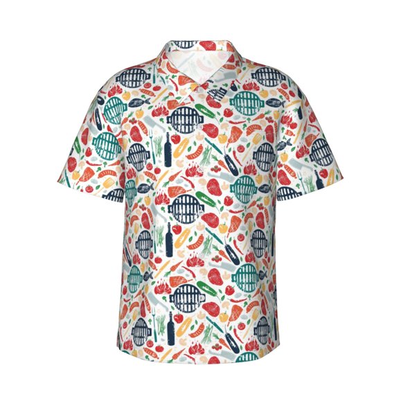 Logiee Barbecue Print Mens Hawaiian Shirts,Loose-Fit Short Sleeve Button Down Tropical Aloha Beach Shirt,Summer Vacation Wedding Tops,3X-Large