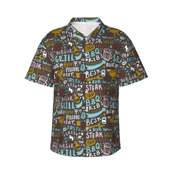 Logiee Barbeque Print Mens Hawaiian Shirts,Loose-Fit Short Sleeve Button Down Tropical Aloha Beach Shirt,Summer Vacation Wedding Tops,Small
