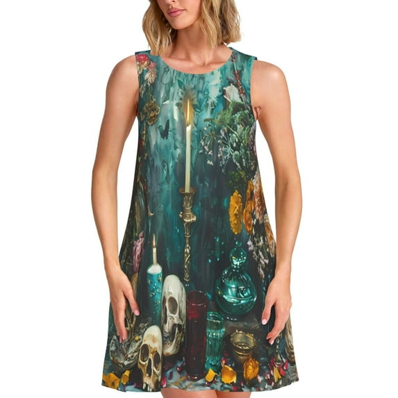 Logiee Baroque Floral Still Life Print Summer Dresses for Women,Beach Sleeveless Flowy Pocket Tshirt Tank Sundresses,Women's Sleeveless Dress