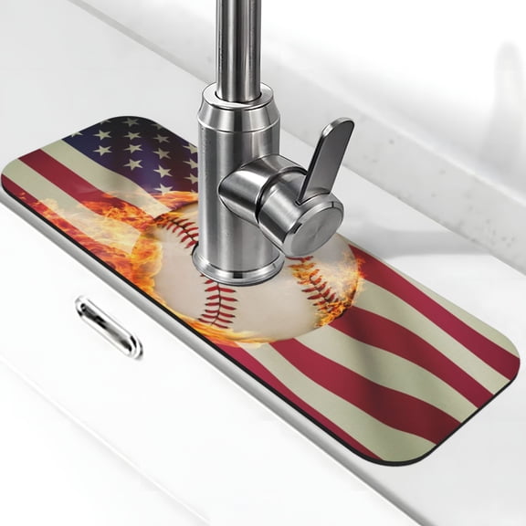 Logiee Baseball Ball With Flag Print Kitchen Sink Splash Guard Faucet Mat for Splash Guard Behind Faucet Drip Catcher for Kitchen,Bathroom,Sink Mat,Dish Drying Mat,Bathroom-15" X 5.5"
