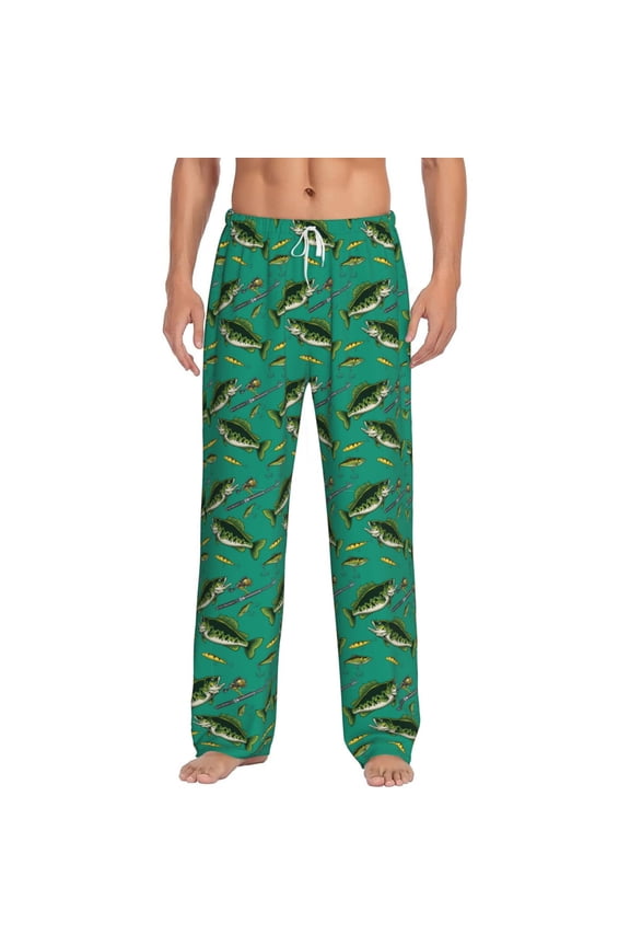 Bass Fish Print Pajama Pants for Men,Men’s Pajama Bottoms,Mens PJ Pants with Pockets & Button Fly-Large