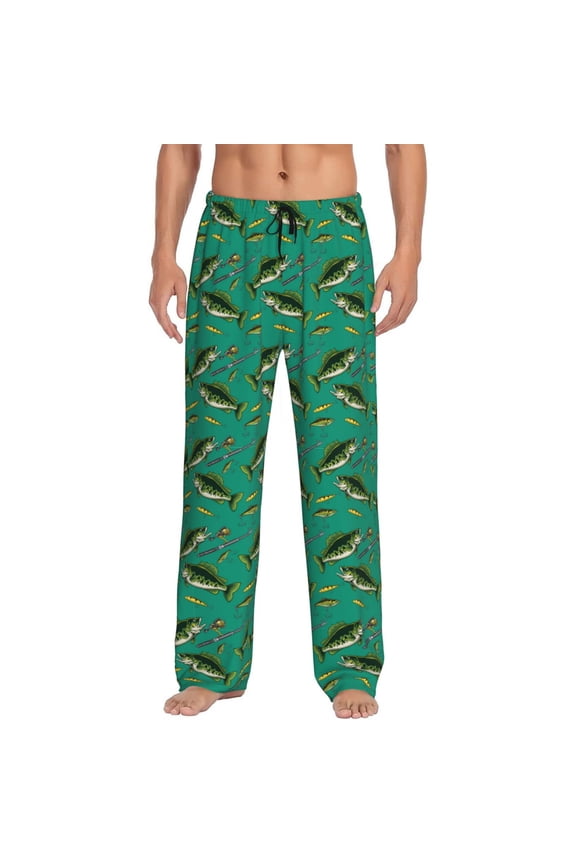 Bass Fish Print Pajama Pants for Men,Men’s Pajama Bottoms,Mens PJ Pants with Pockets & Button Fly-Large
