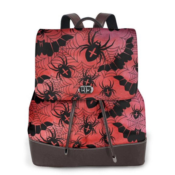 Gaeub Bats And Spiders Print Women's Leather Backpack,Travel Laptop Backpack,Fashion Ladies Leather Backpack Bag for Travel,Leather Drawstring Daypack for Me