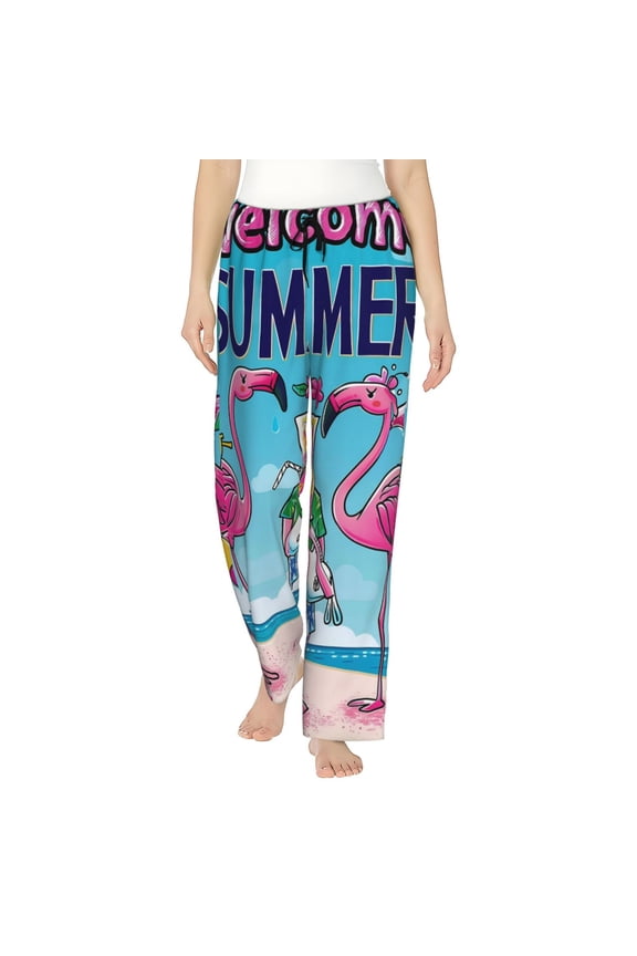 Beach Flamingo Trio Print Women Pajama Pants,Comfy Pj Bottom with Pockets & Drawstring,Stretch Casual Sleepwear-X-Large