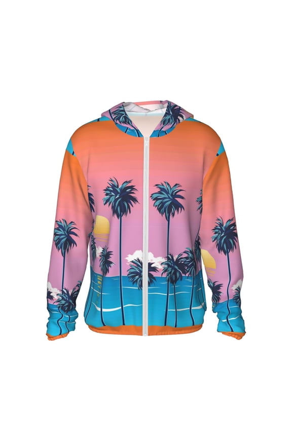 Beach with Palm Trees Print Men's Women Light Jacket Full Zip Sun Protection Hoodie Long Sleeve Sun Shirts for Men Hiking Fishing Zip Pockets-Large