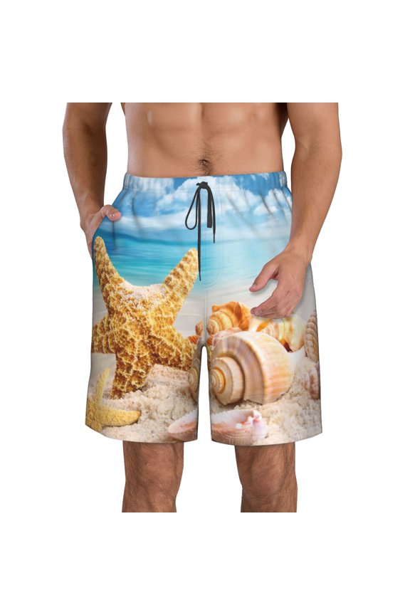 Beach Starfish Shell Print Mens Swim Trunks Quick Dry Board Shorts,Breathable Hawaii Beach Shorts Swimwear Bathing Suits-Medium