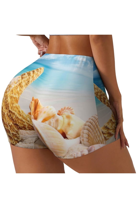 Beach Starfish Shell Print Women's Biker Shorts,Workout Gym Shorts,Scrunch Shorts,Tummy Control Hidden Scrunch Running Yoga Shorts-X-Large