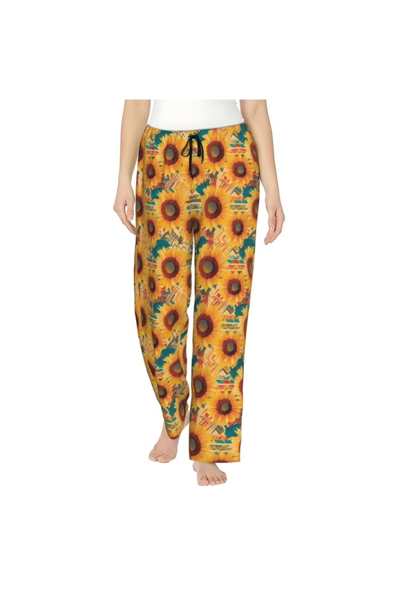 Beautiful Bohemian Sunflower Print Women Pajama Pants,Comfy Pj Bottom with Pockets & Drawstring,Stretch Casual Sleepwear-Small