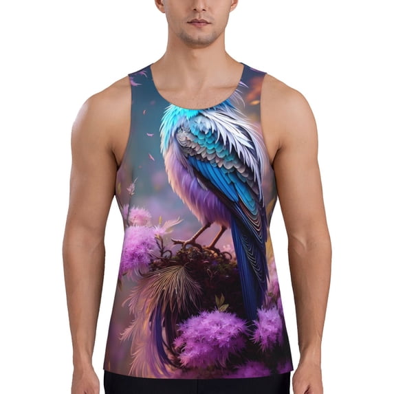 Logiee Beautiful Flower Blue Bird Print Men's Workout Tank Top,Quick Dry Workout Tank Top,Gym Muscle Tee,Fitness Bodybuilding Sleeveless T Shirt-XX-Large