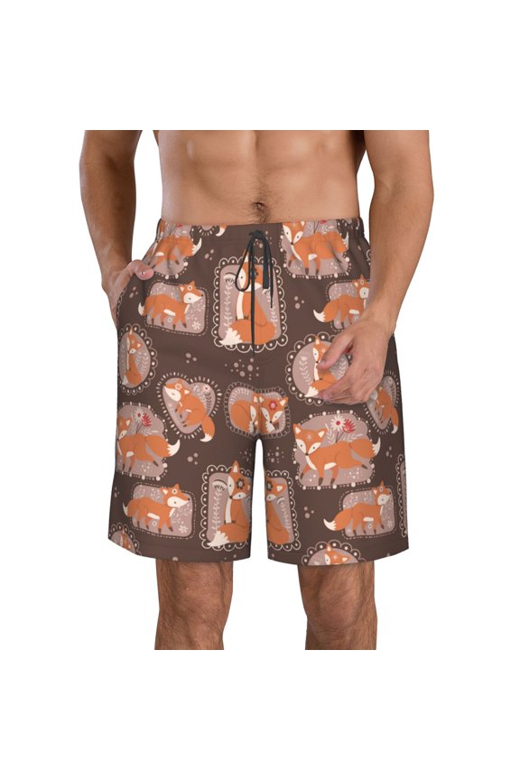 Beautiful Fox Print Mens Swim Trunks Quick Dry Board Shorts,Breathable Hawaii Beach Shorts Swimwear Bathing Suits-Large