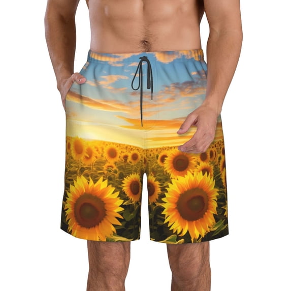 Logiee Beautiful Golden Sunflower Field Print Mens Swim Trunks Quick Dry Board Shorts,Breathable Hawaii Beach Shorts Swimwear Bathing Suits-Small