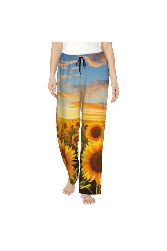 Beautiful Golden Sunflower Field Print Women Pajama Pants,Comfy Pj Bottom with Pockets & Drawstring,Stretch Casual Sleepwear-Medium
