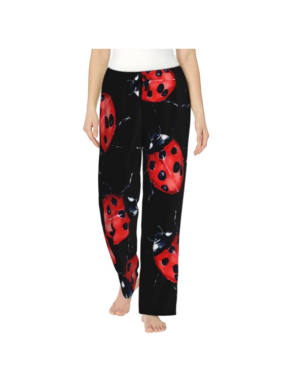 Beautiful Red Ladybug Print Women Pajama Pants,Comfy Pj Bottom with Pockets & Drawstring,Stretch Casual Sleepwear-Medium