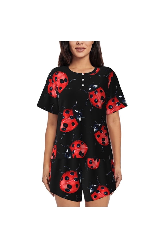 Beautiful Red Ladybug Print Womens Pajamas Set,Short-Sleeve Pajama 2 Piece Sleepwear with Pockets-Medium