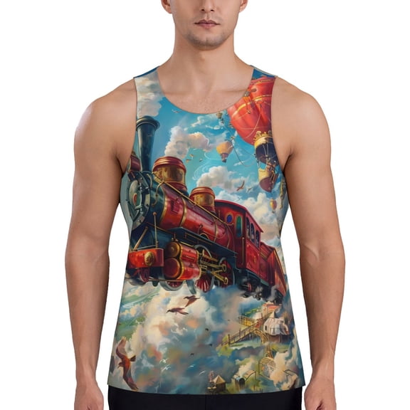 Logiee Beautiful Red Train Hot Air Balloon Print Men's Workout Tank Top,Quick Dry Workout Tank Top,Gym Muscle Tee,Fitness Bodybuilding Sleeveless T Shirt-Large