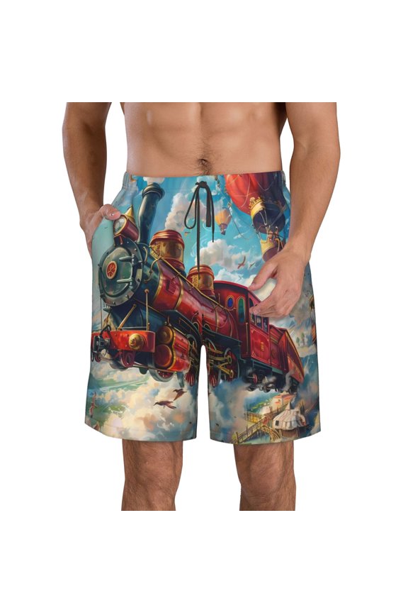Beautiful Red Train Hot Air Balloon Print Mens Swim Trunks Quick Dry Board Shorts,Breathable Hawaii Beach Shorts Swimwear Bathing Suits-X-Large