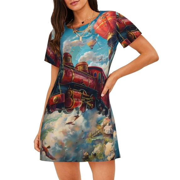 Logiee Beautiful Red Train Hot Air Balloon Print Nightgowns for Women,Soft Short-Sleeved Lightweight Sleepwear, Loose Sleepshirts