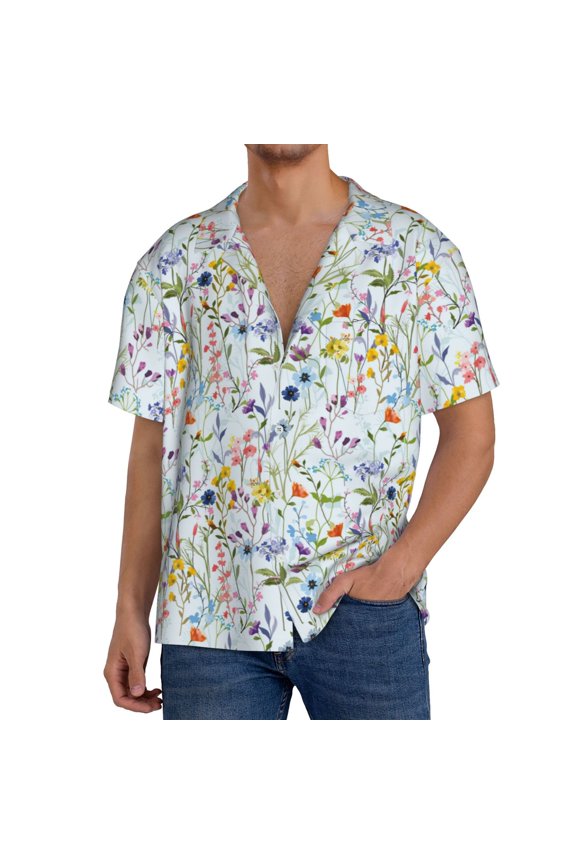 Beautiful wild flower forest Print Men's Button Down Shirts Short Sleeve, Summer Beach Shirts,Vacation Wedding Shirts,Men's Casual Button-Down Shirts with Pocket-Medium