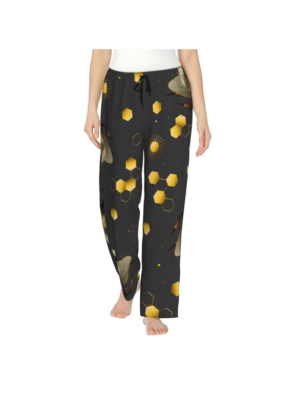 Bee Print Women Pajama Pants,Comfy Pj Bottom with Pockets & Drawstring,Stretch Casual Sleepwear-Large