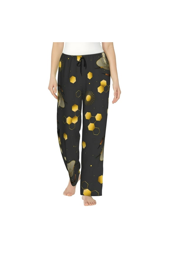 Bee Print Women Pajama Pants,Comfy Pj Bottom with Pockets & Drawstring,Stretch Casual Sleepwear-Large