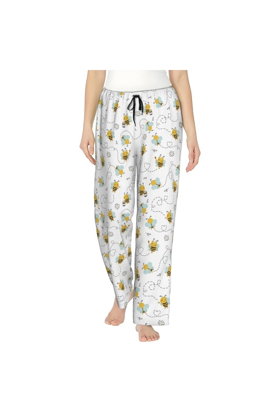 Bee Print Women Pajama Pants,Comfy Pj Bottom with Pockets & Drawstring,Stretch Casual Sleepwear-Medium