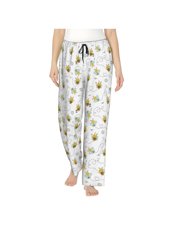 Bee Print Women Pajama Pants,Comfy Pj Bottom with Pockets & Drawstring,Stretch Casual Sleepwear-Small
