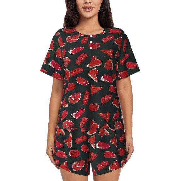 Logiee Beef3 Print Womens Pajamas Set,Short-Sleeve Pajama 2 Piece Sleepwear with Pockets-Small