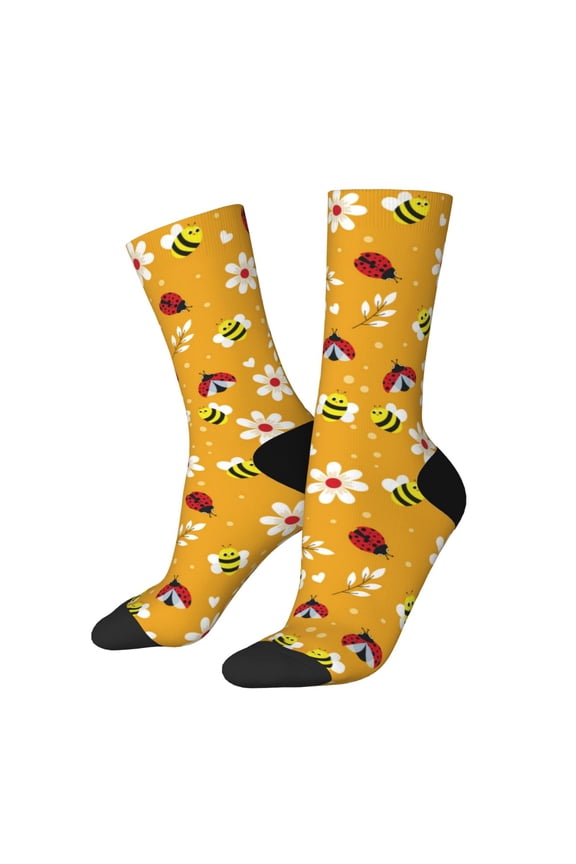 Bees And Ladybug Print Adult Socks for Men & Women,Calf Socks, Ankle Socks,Boots Socks,Breathable Casual Sock,Unisex Crew Socks