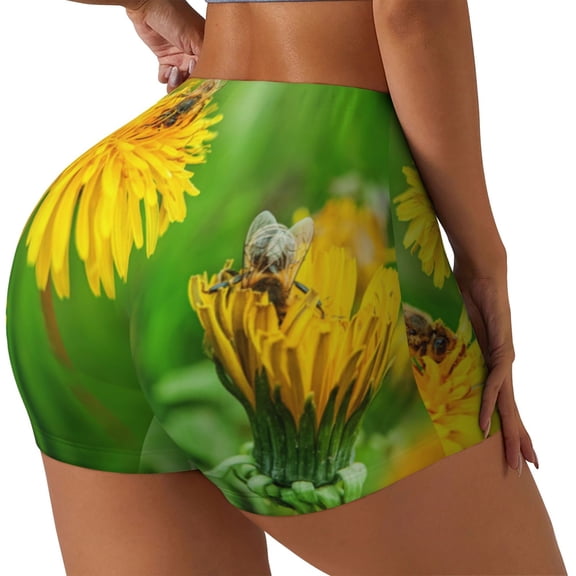 Logiee Bees Pollinates A Yellow Dandelion Print Women's Biker Shorts,Workout Gym Shorts,Scrunch Shorts,Tummy Control Hidden Scrunch Running Yoga Shorts-Medium