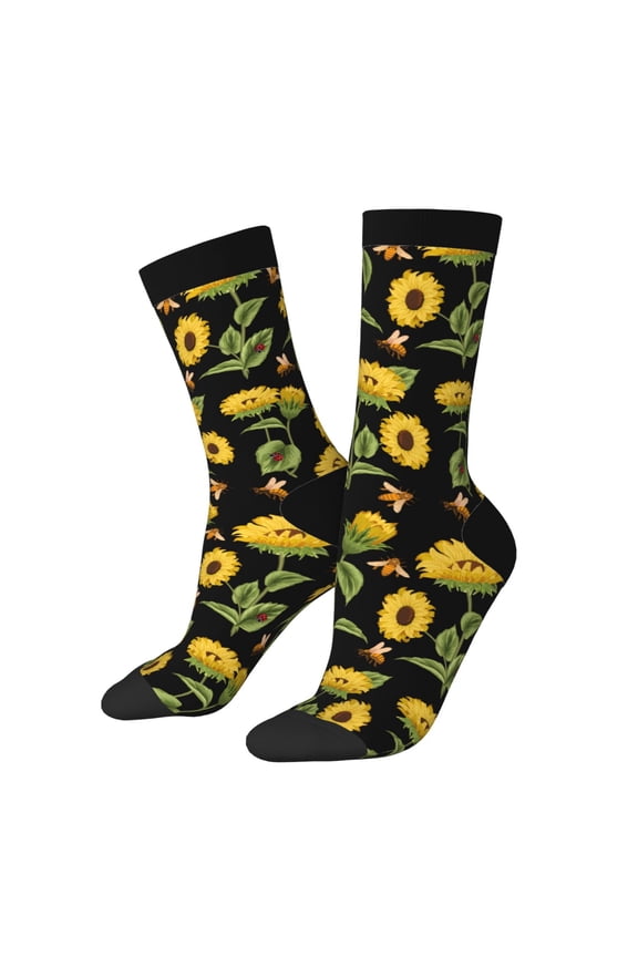 Bees and Sunflowers Print Adult Socks for Men & Women,Calf Socks, Ankle Socks,Boots Socks,Breathable Casual Sock,Unisex Crew Socks