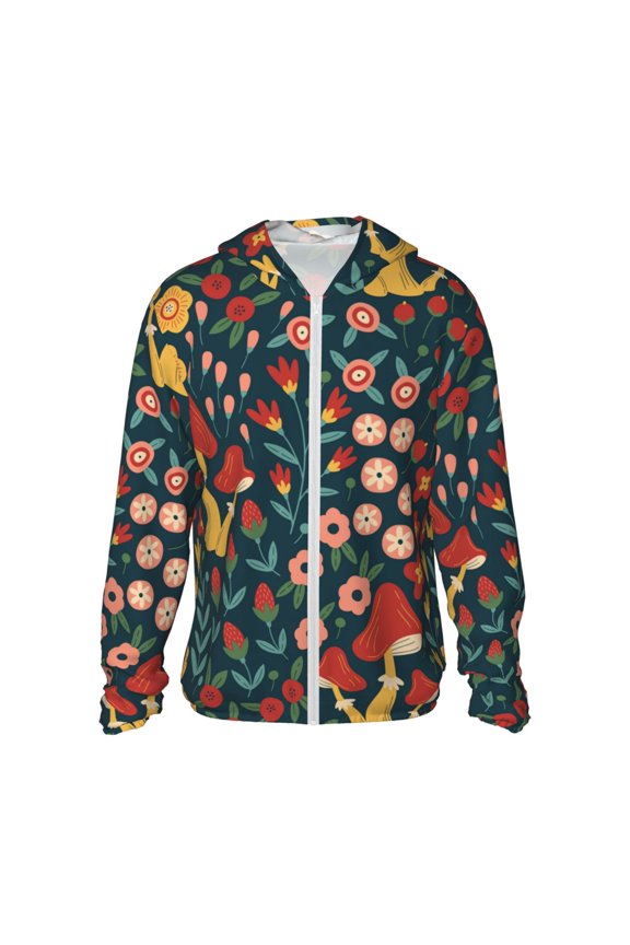 Berries and Flowers Print Men's Women Light Jacket Full Zip Sun Protection Hoodie Long Sleeve Sun Shirts for Men Hiking Fishing Zip Pockets-X-Large