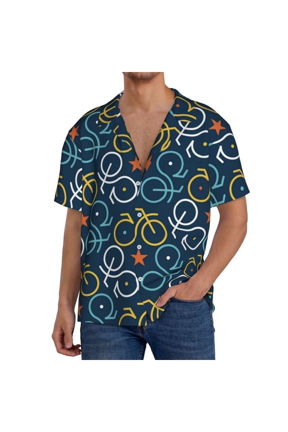 Bicycle Colorful Print Men's Button Down Shirts Short Sleeve, Summer Beach Shirts,Vacation Wedding Shirts,Men's Casual Button-Down Shirts with Pocket-Large