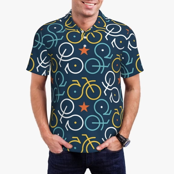Logiee Bicycle Colorful Print Mens Polo Shirts,Mens Golf Polo Shirts,Short Sleeve Casual Polo Shirts for Men,Summer Fashion Beach Shirts-3X-Large