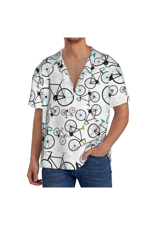 Bicycle Print Men's Button Down Shirts Short Sleeve, Summer Beach Shirts,Vacation Wedding Shirts,Men's Casual Button-Down Shirts with Pocket-Large