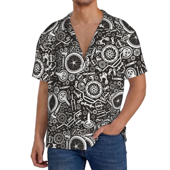 Logiee Bicycles Parts Print Men's Button Down Shirts Short Sleeve, Summer Beach Shirts,Vacation Wedding Shirts,Men's Casual Button-Down Shirts with Pocket-Small