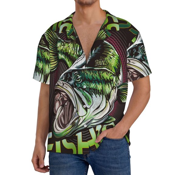 Logiee Big Bass Fish Print Men's Button Down Shirts Short Sleeve, Summer Beach Shirts,Vacation Wedding Shirts,Men's Casual Button-Down Shirts with Pocket-Medium