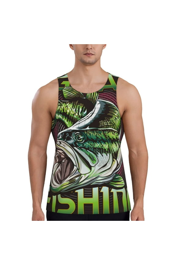 Big Bass Fish Print Men's Workout Tank Top,Quick Dry Workout Tank Top,Gym Muscle Tee,Fitness Bodybuilding Sleeveless T Shirt-3X-Large