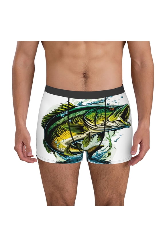 Big bass fish Print Mens Boxer Briefs,Boxer Briefs for Men,Breathable Stretch Underwear,Boys Boxer Briefs-Large