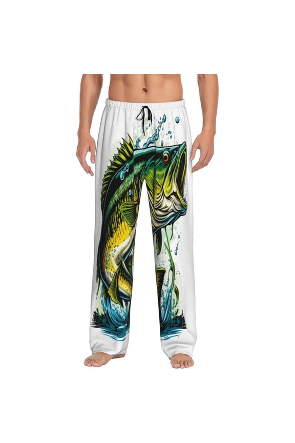 Big bass fish Print Pajama Pants for Men,Men’s Pajama Bottoms,Mens PJ Pants with Pockets & Button Fly-Large