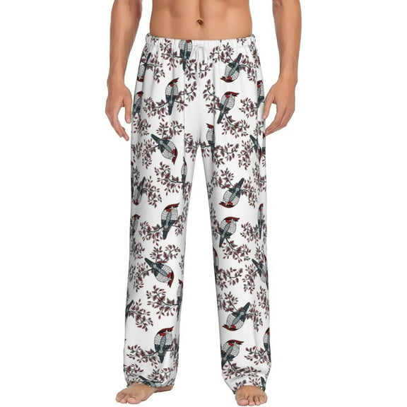 Logiee Bird Print Pajama Pants for Men,Men’s Pajama Bottoms,Mens PJ Pants with Pockets & Button Fly-Large