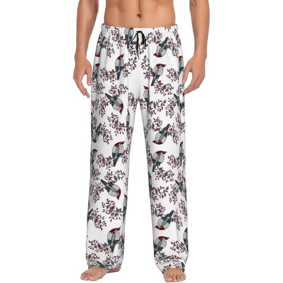 Logiee Bird Print Pajama Pants for Men,Men’s Pajama Bottoms,Mens PJ Pants with Pockets & Button Fly-Small